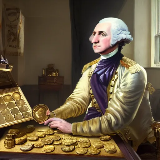 Image similar to a closeup photorealistic photograph of a happy George Washington inspecting small gold Doubloon coins at his home on Cherry Street. This 4K HD image is Trending on Artstation, featured on Behance, well-rendered, extra crisp, features intricate detail and the style of Unreal Engine.