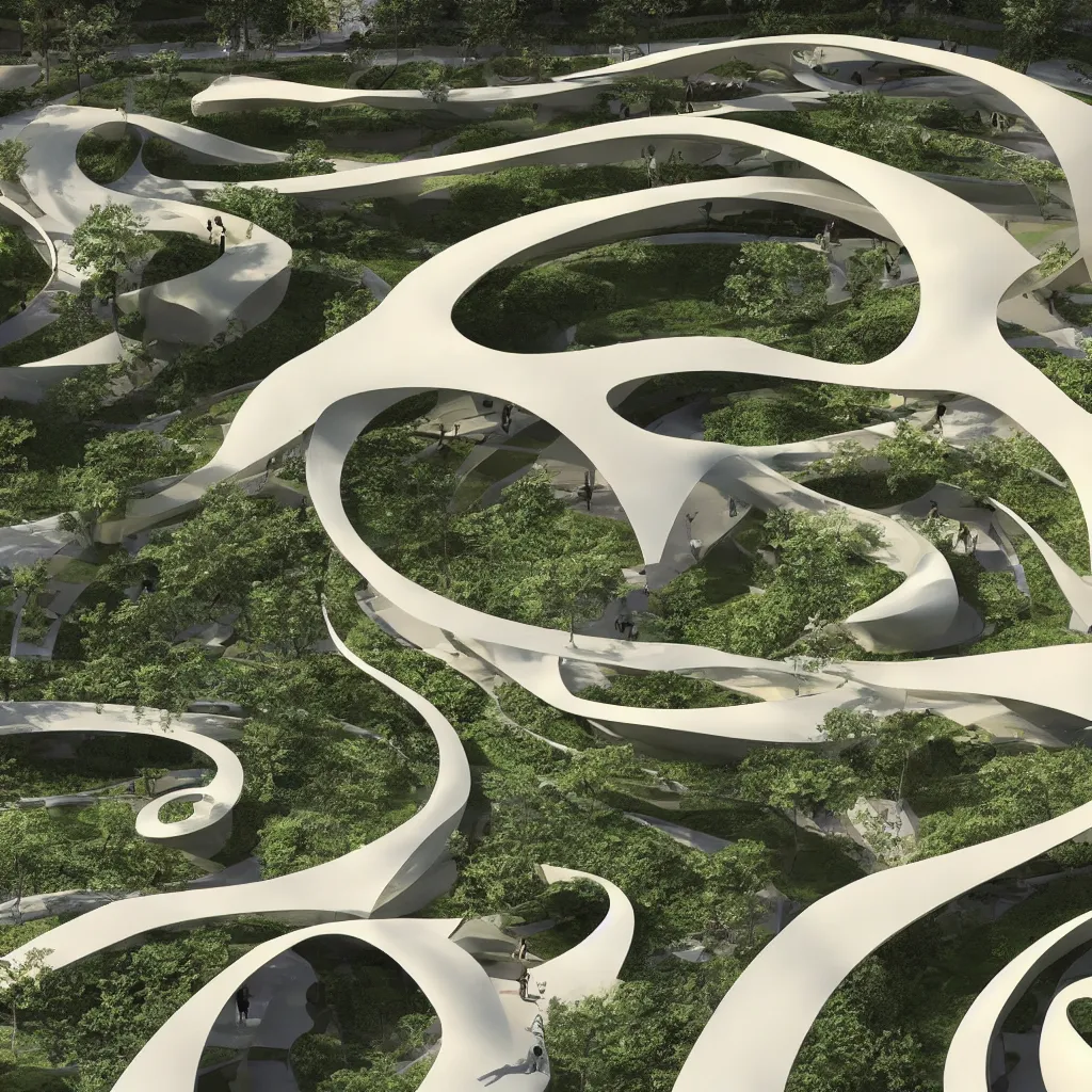 Prompt: “ an incredibly smooth curvilinear architectural sculpture, unfolding continuous golden surfaces enclose a visually interesting garden designed by zaha hadid, architecture render ”