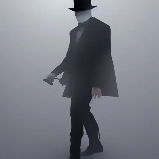 Image similar to mysterious man in black suit and black hat, he has a pistol, smoke, fog, mysterious, 4 k, highly detailed, digital art, strong shadows, high contrast, epic scene, atmospheric, blue colours, trending on artstation