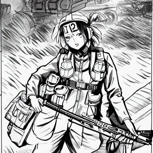 Prompt: manga style, thick line art, portrait of girl, under artillery fire, trench sandbags in background, soldier clothing, short hair, hair down, symmetrical facial features, marvel comic, detailed drawing, cartoonish, trending in japan, by professional artist masashi kishimoto and naoki urasaw