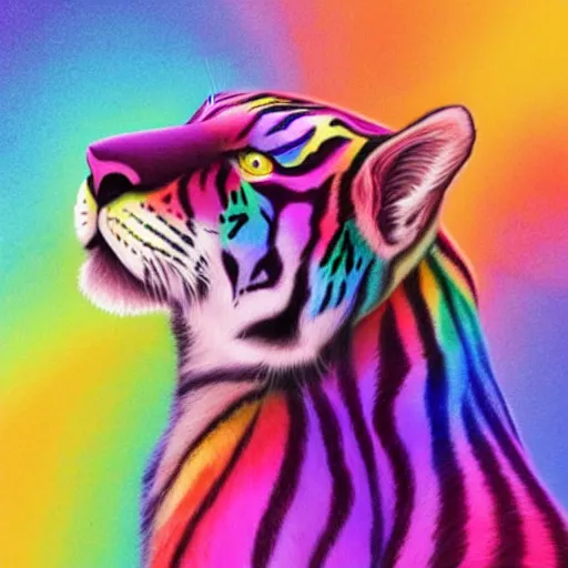 Image similar to Rainbow tiger roaring, silky pastel rainbow fur, chromatic aberration, cute, playful, harper's bazaar, pearlescent, featured on artstation, by Lisa Frank, by Moebius, by Kelly McKernan, by Charlie Bowater, by Laura rubin, 8k