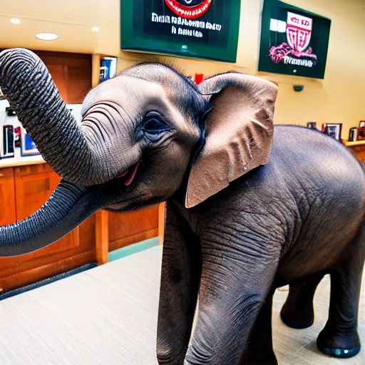 Prompt: inside harvard business school, baby elephant from south africa, it is studying at harvard business school, digital art, detailed, inside of a harvard business school classroom, indoors, it is wearing a south africa cricket team baseball cap