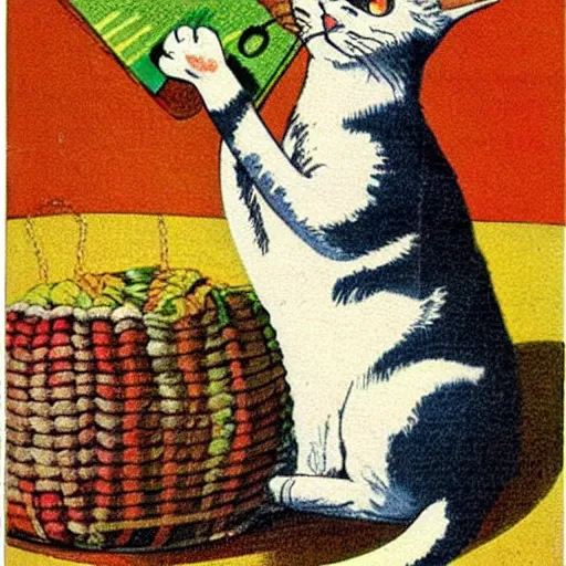 Image similar to cat playing with yarn, Vintage Magazine Illustration