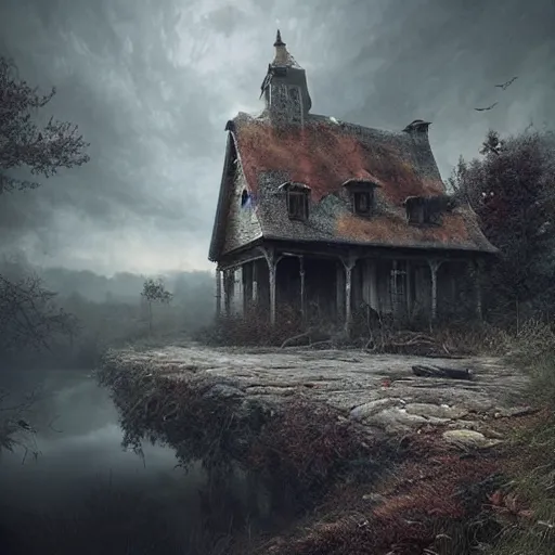 Image similar to michal karcz grunge painting of a beautiful landscape. , creepy theme, detailed, elegant, intricate, 4k,