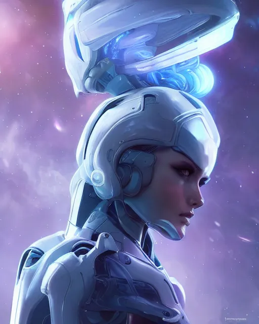 Image similar to perfect android girl on a mothership, warframe armor, beautiful face, scifi, futuristic, galaxy, nebula, raytracing, dreamy, long white hair, blue cyborg eyes, sharp focus, cinematic lighting, highly detailed, artstation, divine, by gauthier leblanc, kazuya takahashi, huifeng huang