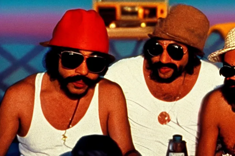 Image similar to cheech and chong in fear and loathing in las vegas movie, everyone is on psychedelic drugs, cinematic still, movie still, long lens, shallow depth of field, bokeh, anamorphic lens flare, 8 k