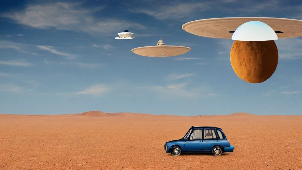 Prompt: a ufo in the sky in the middle of a desert plane, surrealism photography by Sarolta Bán