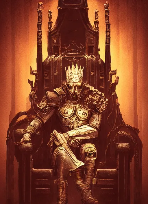 Image similar to a portrait of an old king on the throne, cyberpunk, grim - lighting, high - contrast, intricate, elegant, highly detailed, digital painting, artstation, concept art, smooth, sharp focus, illustration