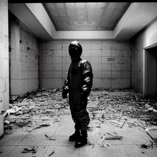 Prompt: news reporter in a hazmat suit 1 9 9 0 s news found footage of an abandoned soviet downtown with a humanoid scp hidden in background, liminal space, backrooms, scp, film grain, rundown, eerie, dark lighting, 3 5 mm, realistic, photograph, hazmat suits, foggy, silent hill style, detailed, hyperrealistic