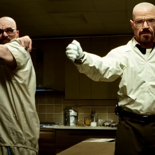 Image similar to A Still from Breaking Bad of Walter White slapping Walter White. Award winning still, shot on a studio grade camera, 4K.