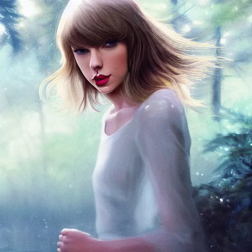 Image similar to taylor swift holding her hand out for you, long hair with bangs, Crystal clear blue eyes, wide-shot, beautiful fog lit forest backround, oil colors, watery lake, elegant, sharp focus, cute face, Hyper-realistic, Highly Detailed, HD, Dramatic Lighting by Brom, by beeple, studio ghibli, wallpaper, highly detailed, trending on artstation