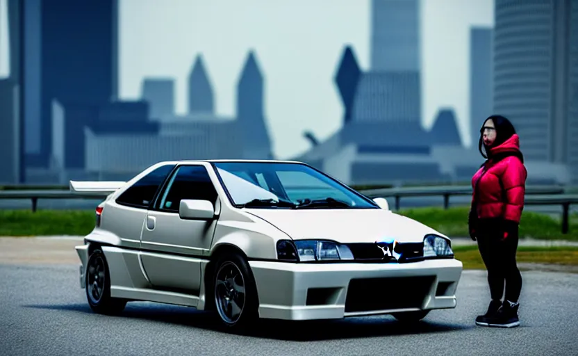 Image similar to photograph of a cell-shaded Honda EK9 Type-R next to a techwear woman standing looking off into the distance, on an Ohio road with a futuristic city in the horizon, one point perspective, 1-point perspective, tilt shift, sigma 85mm f/1.4, 4k, depth of field, high resolution, 4k, 8k, hd, full color, trending on artstation