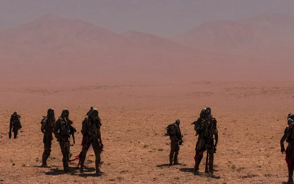 Image similar to in a hot red desert with a distant oasis a group of five people in dark green tactical gear like death stranding and masks, red mesas behind them. They look afraid. dusty, red, mid day, heat shimmering.