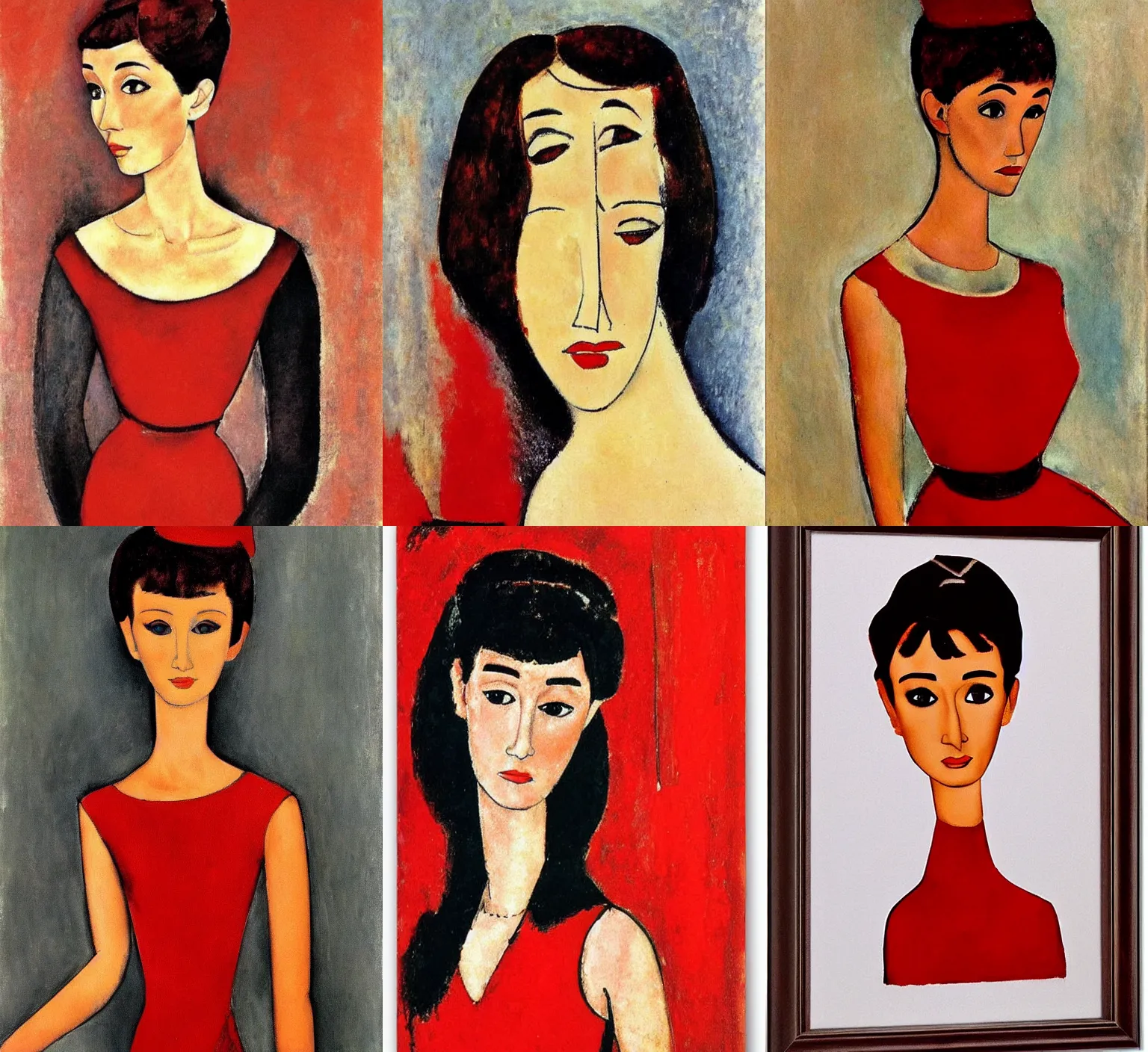 Prompt: portrait of Audrey Hepburn in red dress by Modigliani