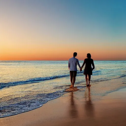 Image similar to Couple walking down a secluded beach during the golden hour quietly contemplating the newfound beauty discovered inside the other person while growing ever more deeply in trust and love between each other.