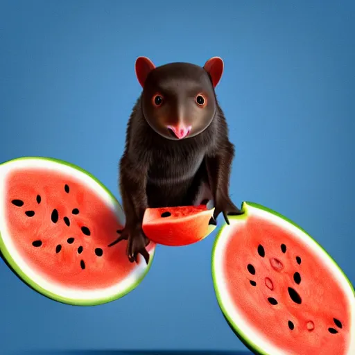 Image similar to cute kawaii realistic fruit bat eats a watermelon piece, digital art, vector illustration, shutterstock, high quality, illustration, art, detailed, 3 d render, sticker,