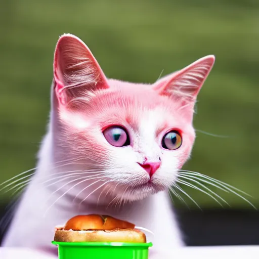 Image similar to photo of a pink cat eating a hamburger