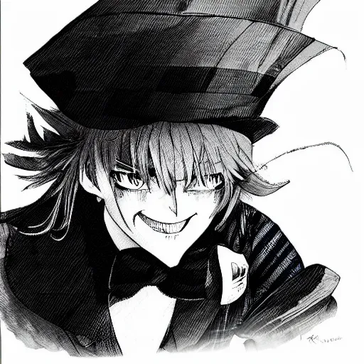 Prompt: The Madhatter as a Manga Character, Scottish Tartan on Hat, Very Large Grin, Depth of Field, 35mm + Art by Rieko Saibara