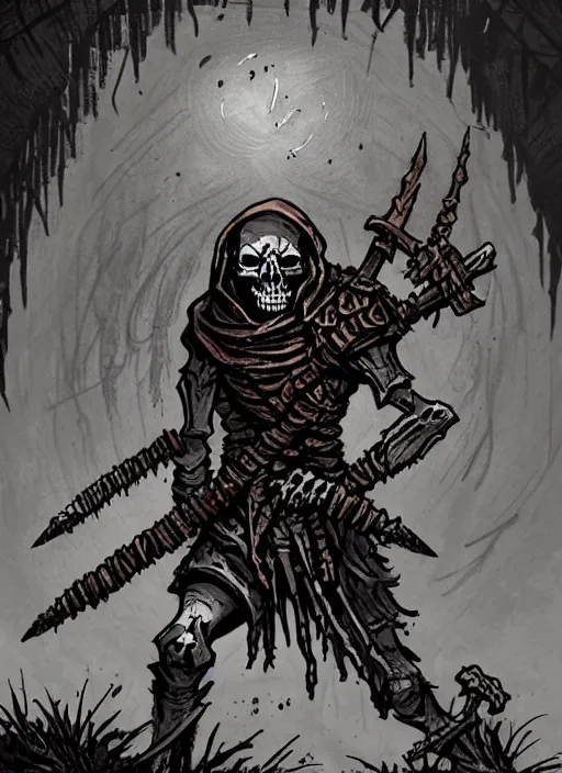 Image similar to concept art of a simple skeleton warrior in darkest dungeon, highly detailed, dark atmosphere, cosmic horror, body horror, lovecraft mythos, key character poster