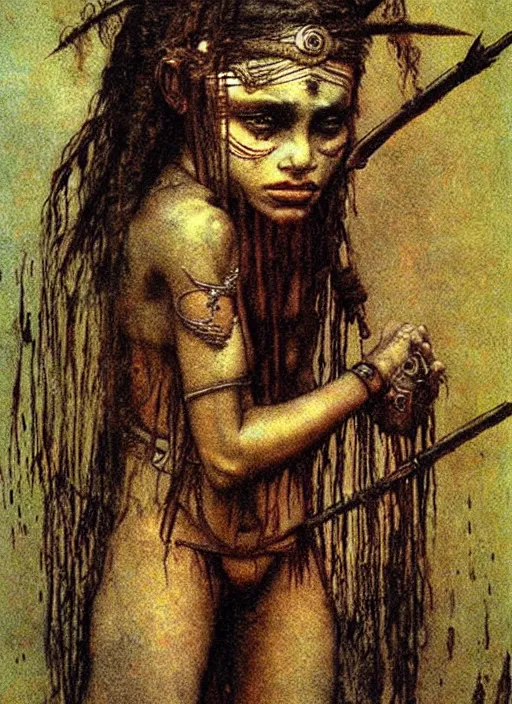 Prompt: barbarian girl in tribal painting by Beksinski and Arthur Rackham