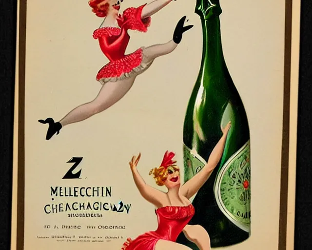 Prompt: vintage, melchizedek champagne bottle. cancan girl dancing, french, realistic, cheerful, belle epoque, absinthe robette