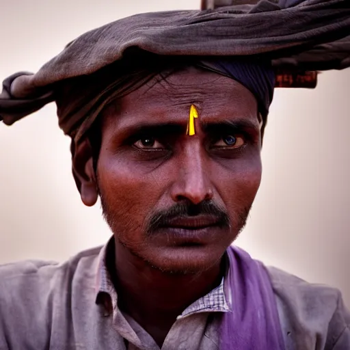 Image similar to a dramatic portrait of worker from india, cinematic lighting