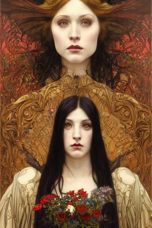 Image similar to masterpiece painting of ephemeral vampire raven haired girl by donato giancola, darius zawadzki and tom bagshaw, face by artgerm and edmund leighton, alphonse mucha, background by james jean and gustav klimt, 8 k, horror, dark color palette, volumetric lighting, porcelain skin, french nouveau, trending on pixiv