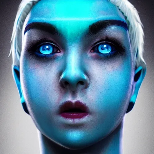 Image similar to crazy girl with large dazzling blue cybernetic eyes, character portrait, short white hair, pixie nose, mythic glowing blue tattoos, creepy, photorealistic, cinematic composition, hyper real, upscaled, ultra detailed