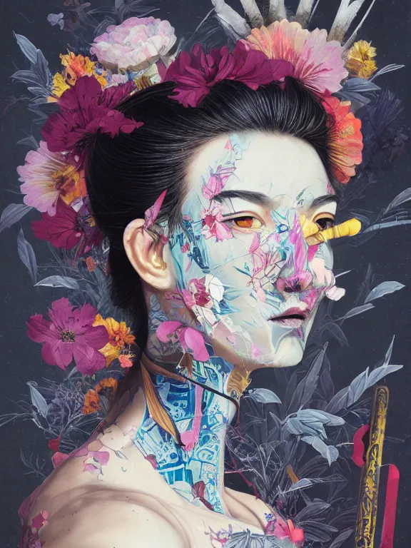 Image similar to art portrait of samurai with flowers for eyes,by tristan eaton,Stanley Artgermm,Tom Bagshaw,Greg Rutkowski,Carne Griffiths,trending on DeviantArt,face enhance,chillwave,minimalist,cybernetic, android, blade runner,full of colour,