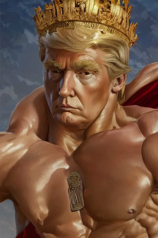 Prompt: President Donald J Trump as a Greek god, detailed face, gorgeous, amazing, muscular, fit, very muscular male body, Caesar victorious, crown ruler, intricate, highly detailed, digital painting, artstation, concept art, sharp focus, illustration, art by greg rutkowski and alphonse mucha