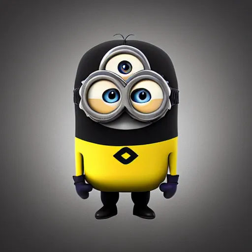 Prompt: dark camera lense minion maskot with big brains, animation, 3 d render