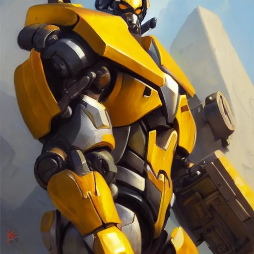 Image similar to greg manchess portrait painting of bumblebee the transformer as overwatch character, medium shot, asymmetrical, profile picture, organic painting, sunny day, matte painting, bold shapes, hard edges, street art, trending on artstation, by huang guangjian, gil elvgren, ruan jia, greg rutkowski, gaston bussiere