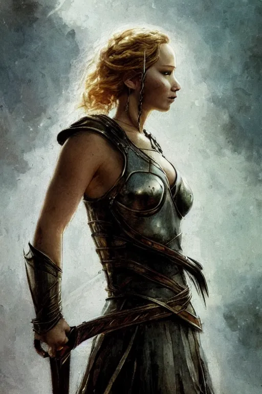 Image similar to jennifer lawrence, legendary warrior, heroic fighter, lord of the rings, tattoos, decorative ornaments, battle armor, omar ortiz, carl spitzweg, ismail inceoglu, vdragan bibin, hans thoma, greg rutkowski, alexandros pyromallis, perfect face, sharply detailed, centered, rule of thirds, realistic shading, photorealism