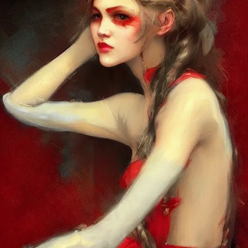 Prompt: Rien Poortvliet and Jean-Baptiste Monge and Solomon Joseph Solomon and Richard Schmid and Jeremy Lipking victorian genre painting portrait painting of a young beautiful woman marverl DC comic book character fantasy costume, red background