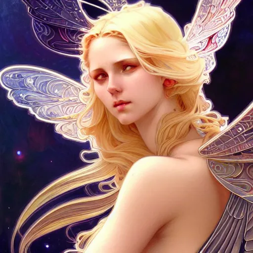 Image similar to A cybernetic girl with blonde hair, glowing halo, huge highly detailed intricate wings, art nouveau, fantasy, intricate, elegant, highly detailed, digital painting, artstation, concept art, smooth, sharp focus, illustration, art by Krenz Cushart and Artem Demura and alphonse mucha