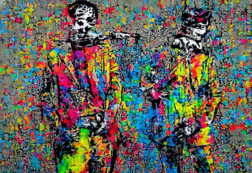 Image similar to full color banksy graffiti with statement of ai art is not art, detailed, realistic, glitch art effect