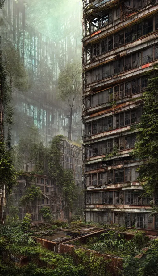 Image similar to a beautiful ultradetailed render of city building unfinished building urbex industrial architecture dormitory by antoine predock, wilderness mars steampunk reclaimed by nature forest tundra rainforest postcyberpunk myst, archdaily, wallpaper, highly detailed, trending on artstation.