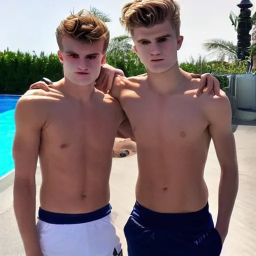 Prompt: a realistic detailed photo of a guy who is an attractive humanoid who is half robot and half humanoid, who is a male android, soccer players martin ødegaard & timo werner, shiny skin, posing like a statue, blank stare, by the pool, on display, showing off his muscles