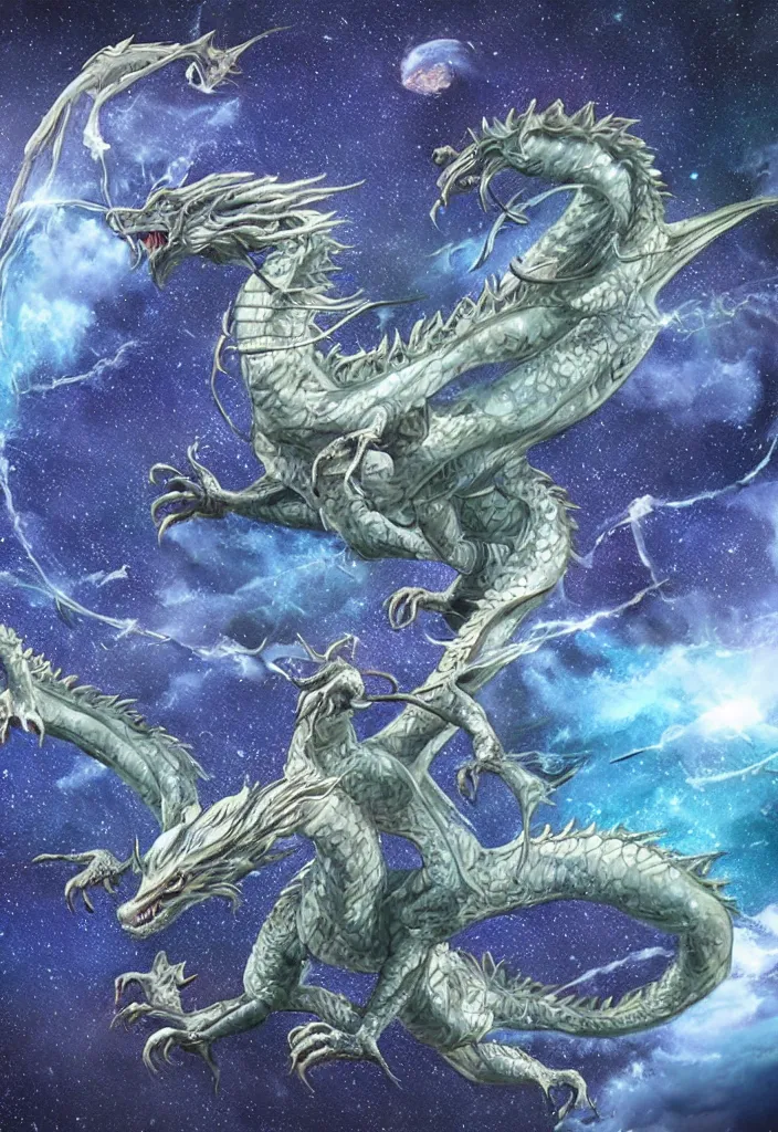 Prompt: hyper-realistic symmetric dragon made of water with wings made of stars in space, holding the earth