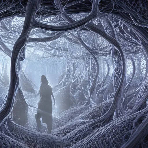 Image similar to biocomputer human organ inside a neural network made like antique lace in a biomechanical cave forest, intricate environment, matte painting, diffused lighting, highly detailed cinematic, atmosphere, diffused lighting, highly detailed digital art, trending on artstation, depth of field, wide angle