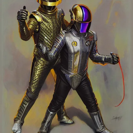 Prompt: Daft Punk as fantasy D&D characters, portrait art by Donato Giancola and James Gurney, digital art, trending on artstation