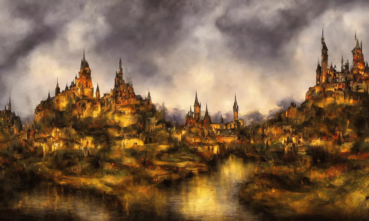 Prompt: breathtaking oil painting of a medieval city landscape in luxurious nature, with moody dark tumultuous clouds, palette knife, at dawn with roses and golden petals flying, art nouveau castle, rembrandt style, concept art, matte, palette knife painting, by georgia hart and osnat fine art,