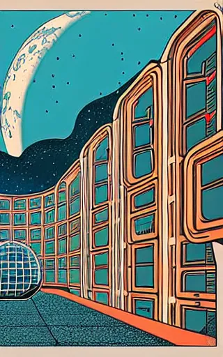 Image similar to a scifi illustration, hyper detailed external view of a lunar colony. cinematic wes anderson composition. flat colors, limited palette in FANTASTIC PLANET La planète sauvage animation by René Laloux