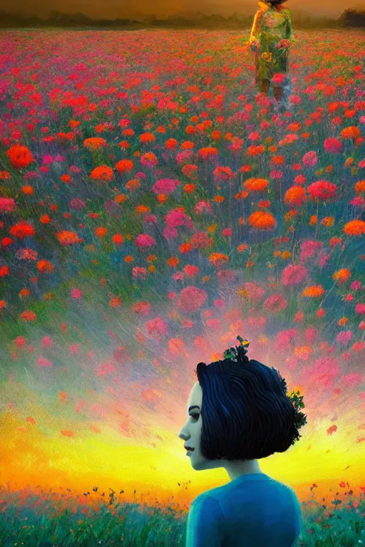 Image similar to closeup, giant flower head, girl in suit standing in a field of flowers, surreal photography, sunrise, blue sky, dramatic light, impressionist painting, digital painting, artstation, simon stalenhag