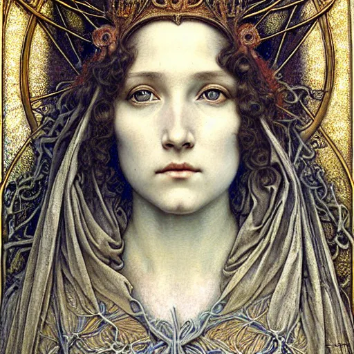 Prompt: detailed realistic beautiful young medieval queen face portrait by jean delville, gustave dore and marco mazzoni, art nouveau, symbolist, visionary, gothic, pre - raphaelite, art forms of nature by ernst haeckel
