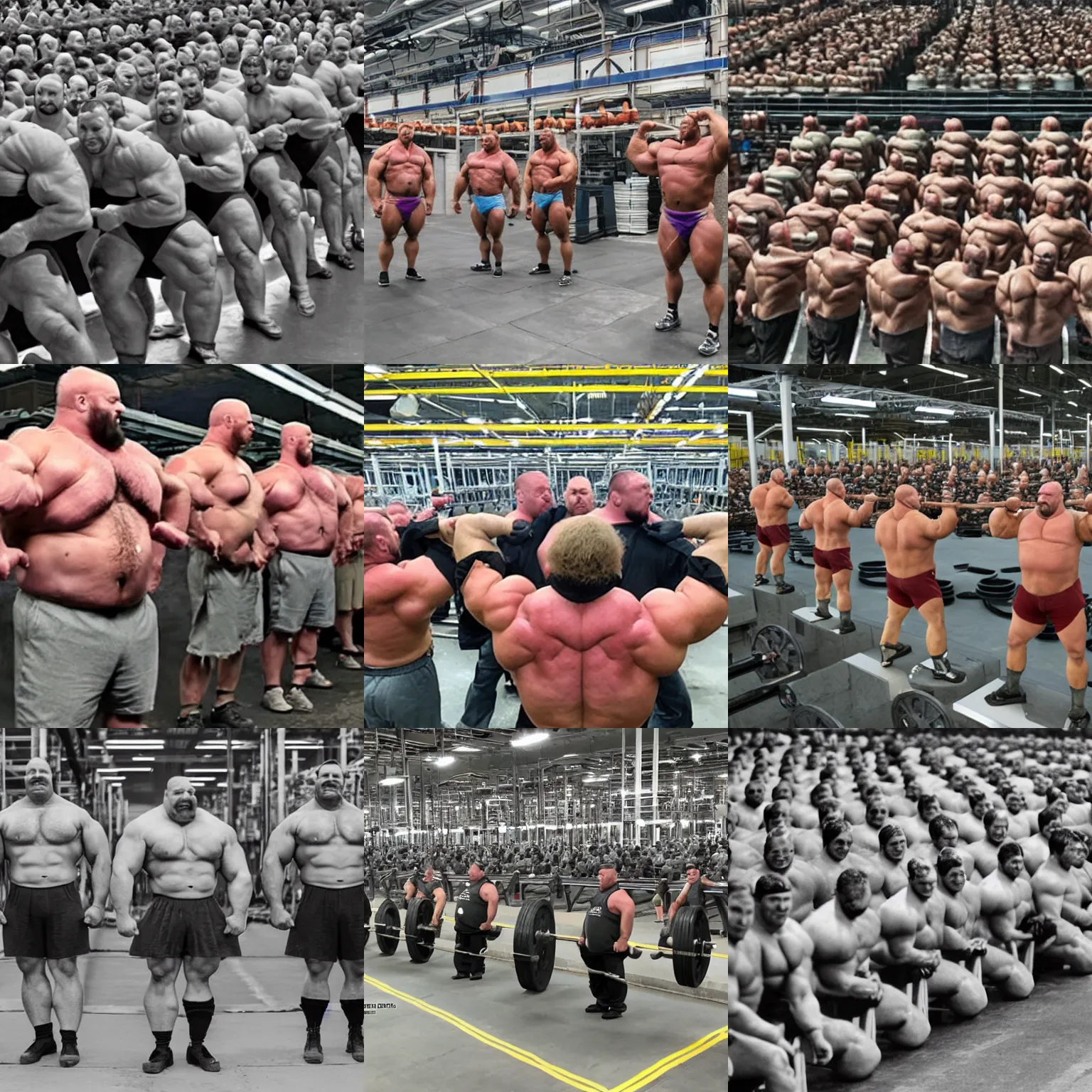 Prompt: cloned burly strongmen in a factory standing in rows and flexing their muscles