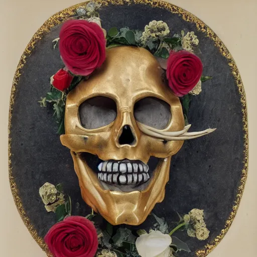 Prompt: man in the form of a marble greek baroque sculpture, with mask in the form of a skull, eyes covering body, red blooming flowers, ornate golden background, red white and gold color scheme