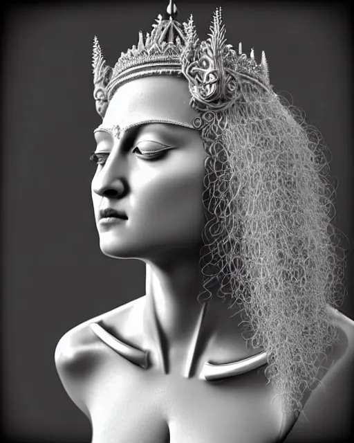 Image similar to bw 3 d render of a beautiful young madonna female queen - cyborg - vegetal, intricate fractal ornament in the bust with a very long neck, elegant, highly detailed intricate rococo ornament in her silver long hair, realistic, refined, highly detailed, cinematic outdoor lighting, by flora borsi in the style of dora maar, volumetric lighting, hyper realistic photography