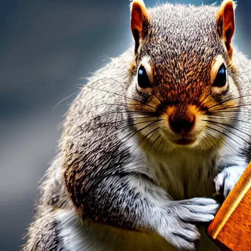 Prompt: a squirrel with thor outfit ~ holding the hammer ~ photorealistic ~ dramatic thunder background ~ trending ~