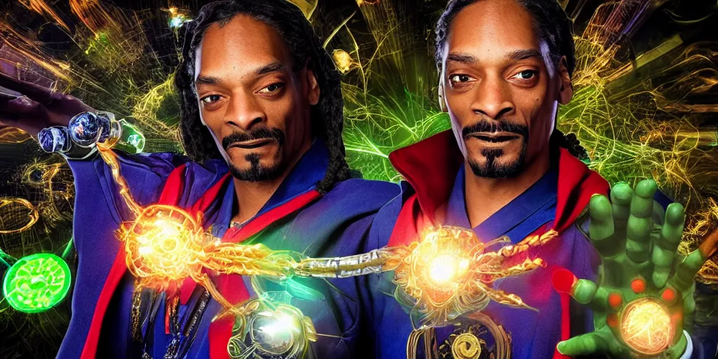 Image similar to snoop dogg as the doctor strange, marijuana leaves, green light, highly detailed, marvel cinematic universe, mcu, photo